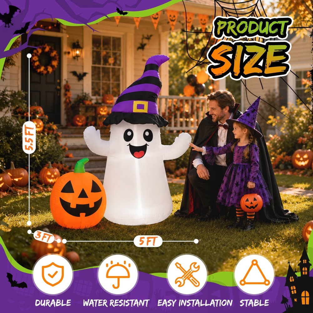 5.5FT Halloween Inflatable Ghost w/ Pumpkin & Witch Hat LED Yard Decoration NEW
